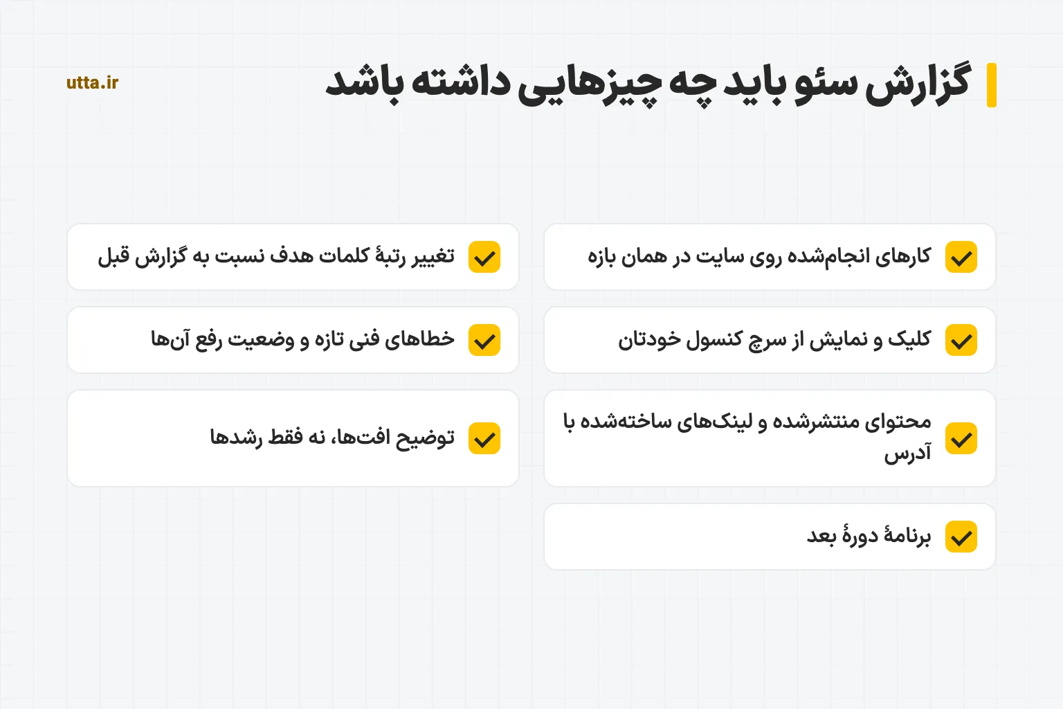 چکلیست اینکه گزارش سئو باید چه چیزهایی داشته باشد: کارهای انجامشده در بازه، تغییر رتبهٔ کلمات هدف، کلیک و نمایش از سرچ کنسول، خطاهای فنی تازه، محتوا و لینکها با آدرس، توضیح افتها و برنامهٔ دورهٔ بعد