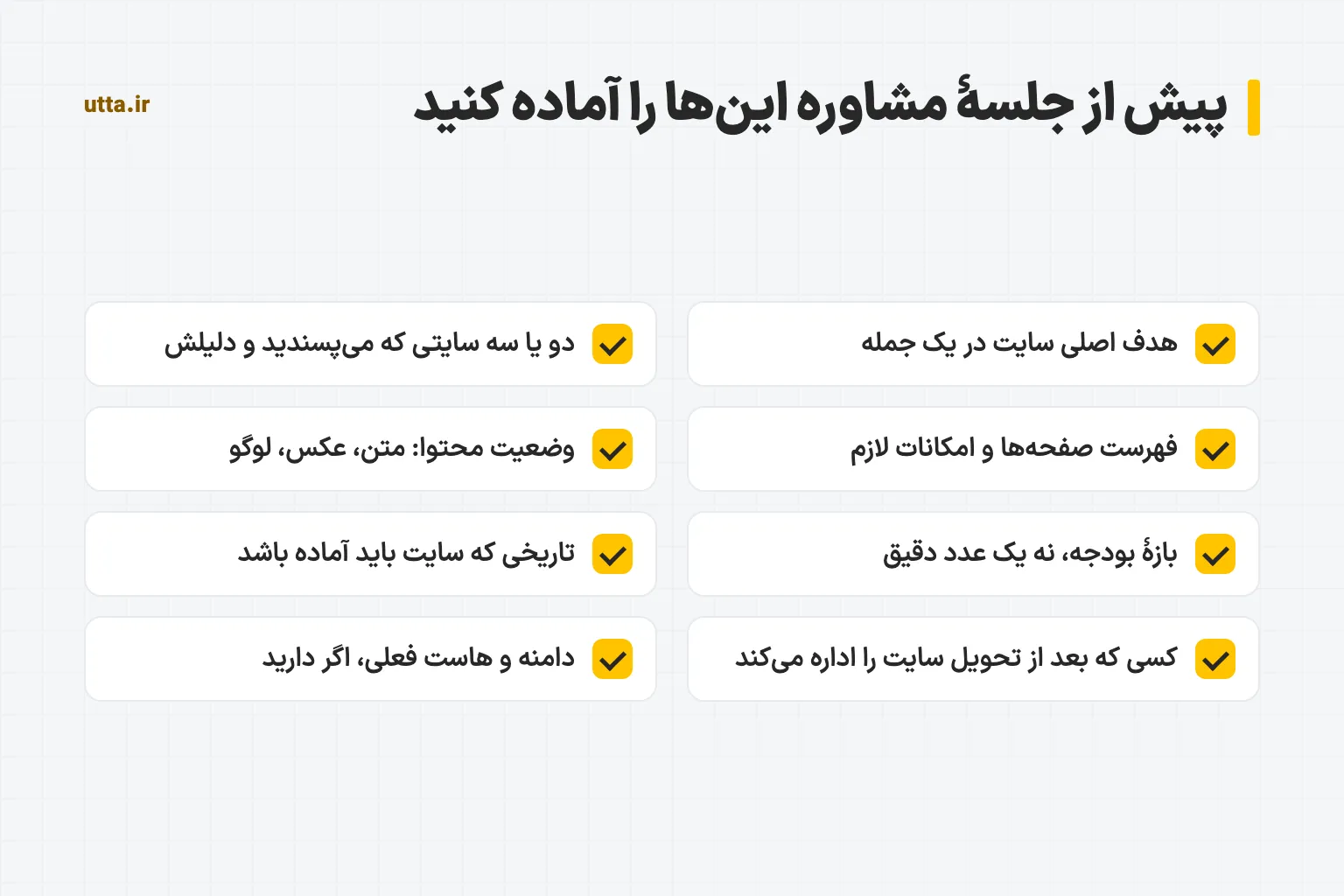 چکلیست آمادگی پیش از جلسهٔ مشاورهٔ طراحی سایت: هدف اصلی سایت، سایتهای نمونه، فهرست صفحهها، وضعیت محتوا، بازهٔ بودجه، تاریخ آمادگی، مدیر سایت و دامنه و هاست فعلی